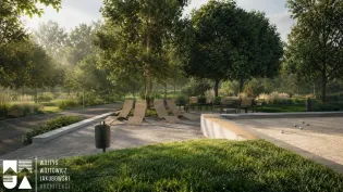 Nowoczesny park z leżakami, drzewami i ścieżkami w otoczeniu zieleni.