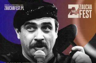 Plakat festiwalu Zaucha Fest z datami i nazwiskami artystów oraz programem wydarzeń.