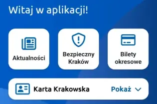 Interfejs aplikacji mKraków z przyciskami do różnych funkcji i informacji o Krakowie.