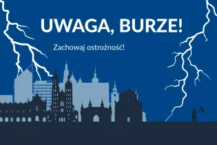 Uwaga na burze, zachowaj ostrożność, sylwetka miasta w tle.