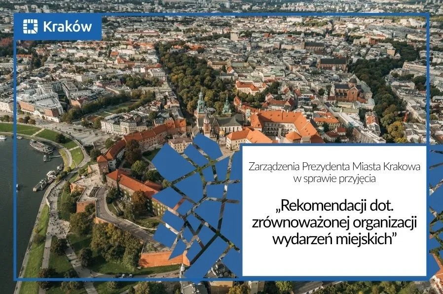 Widok na Kraków z lotu ptaka, z charakterystycznymi budynkami i zielonymi terenami.