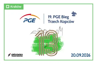 Logo PGE, informacja o 19. PGE Biegu Trzech Kopców w Krakowie, data 20.09.2026.