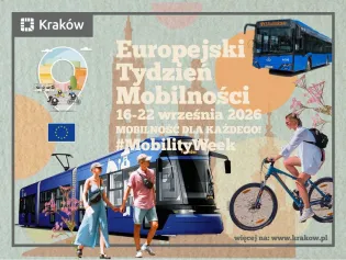 Europejski Tydzień Mobilności w Krakowie, 16-22 września 2026, promujący różne formy transportu.