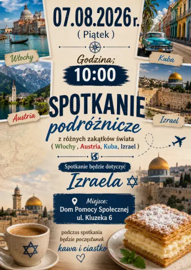 Spotkanie podróżnicze dotyczące Izraela z kawą i ciastkiem, z informacjami o różnych krajach.