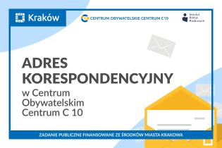 Grafika informująca o adresie korespondencyjnym Centrum Obywatelskiego Centrum C 10. W dolnej części widoczna jest ilustracja koperty z listem i znaczkami.