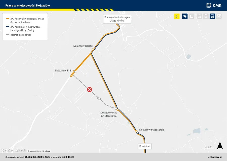 Mapa z oznaczeniem prac drogowych w Dojazdowie oraz lokalizacją przystanków.