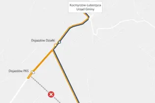 Mapa z oznaczeniem prac drogowych w Dojazdowie oraz lokalizacją przystanków.