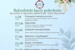 Grafika promująca warsztaty rękodzielnicze „Rękodzieło łączy pokolenia” w Ogrodzie Społecznym „Stary Bieżanów”. Program obejmuje filcowanie, makramę, kwiaty z koralików i gotowanie.