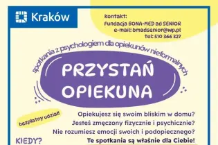Grafika promująca bezpłatne spotkania „Przystań Opiekuna” dla opiekunów nieformalnych. Zawiera terminy spotkań grupowych i indywidualnych oraz informacje o zapisach.