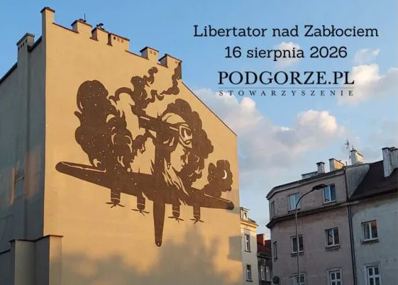 Murale przedstawiające samolot i postać pilota z datą oraz informacjami o wydarzeniu.