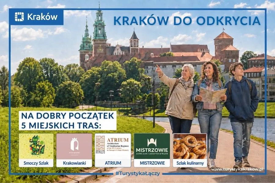 Kraków, informacje o trasach turystycznych i atrakcjach, grupa ludzi na spacerze.