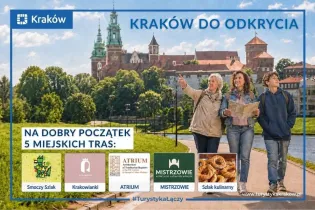 Kraków, informacje o trasach turystycznych i atrakcjach, grupa ludzi na spacerze.