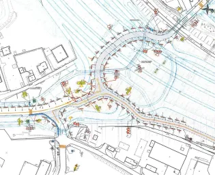 Plan zagospodarowania terenu z oznaczeniami drogowymi i infrastrukturą.
