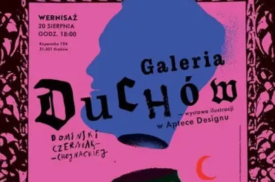 Wernisaż wystawy Duchów, grafika z kolorowymi sylwetkami i tekstem.