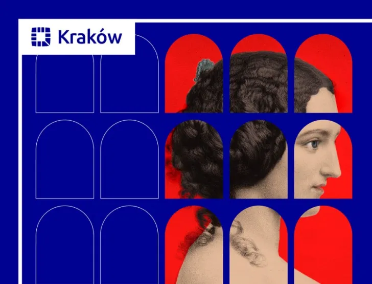 Ciemnoniebieskie tło a na nim ażurowe arkadowe wycięcia. W kilku z nich niczym w oknach widać XIX wieczny portret młodej kobiety z profilu.  