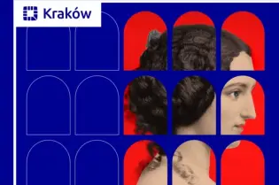 Ciemnoniebieskie tło a na nim ażurowe arkadowe wycięcia. W kilku z nich niczym w oknach widać XIX wieczny portret młodej kobiety z profilu.  
