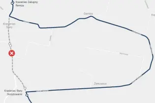 Mapa z trasą objazdu w okolicy Krasieniec Stary z zaznaczonymi punktami.