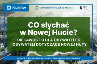Grafika promująca cykl „Co słychać w Nowej Hucie?” – ciekawostki dla obywatelek i obywateli dotyczące Nowej Huty. W tle widok dzielnicy z lotu ptaka.