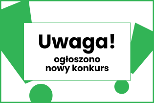 Grafika informująca o ogłoszeniu nowego konkursu. Na środku znajduje się duży napis „Uwaga! Ogłoszono nowy konkurs”, otoczony zielonymi elementami graficznymi.