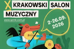 Plakat promujący Krakowski Salon Muzyczny z datami 2-26.09.2026, z ilustracjami zwierząt grających na instrumentach.