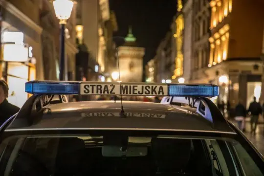 Radiowóz straży miejskiej z niebieskim światłem w nocy.