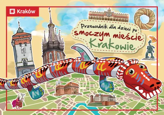 Przewodnik dla dzieci po Krakowie z ilustracją smoka i charakterystycznymi budowlami.