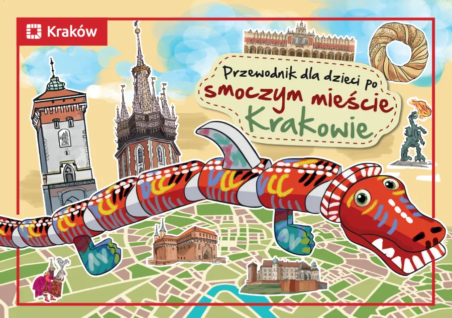 Przewodnik dla dzieci po Krakowie z ilustracją smoka i charakterystycznymi budowlami.