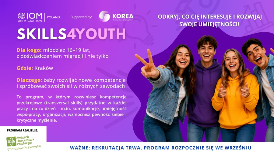 Plakat promujący program Skills4Youth dla młodzieży w Krakowie, zachęcający do rozwoju umiejętności zawodowych.