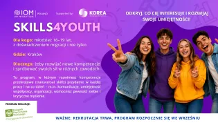 Plakat promujący program Skills4Youth dla młodzieży w Krakowie, zachęcający do rozwoju umiejętności zawodowych.