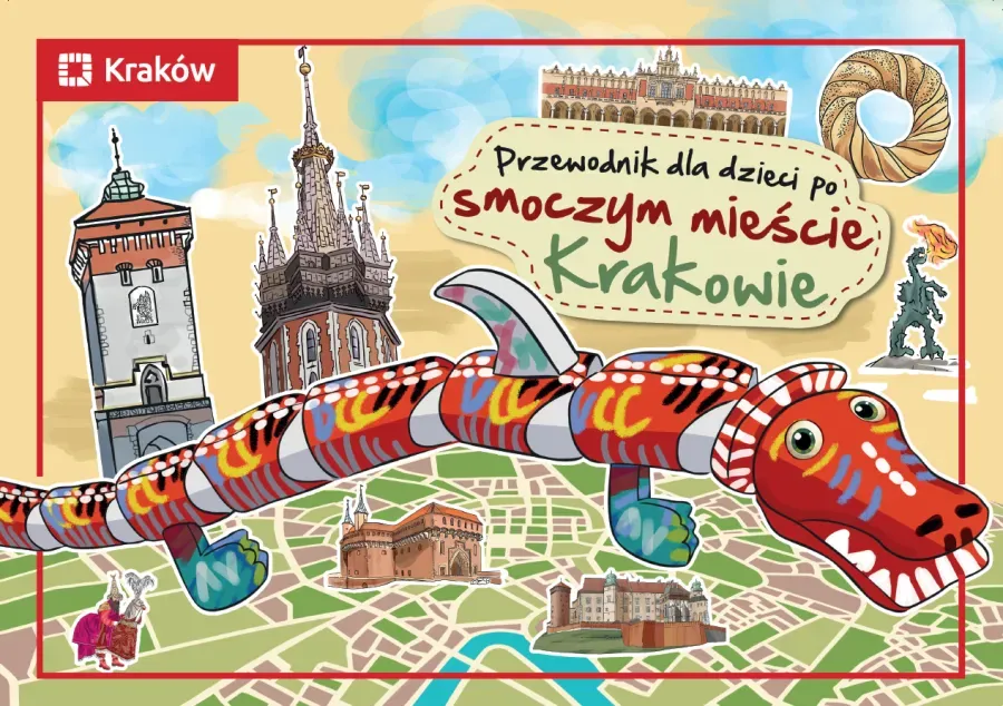Przewodnik dla dzieci po Krakowie z ilustracją smoka i charakterystycznymi budowlami.