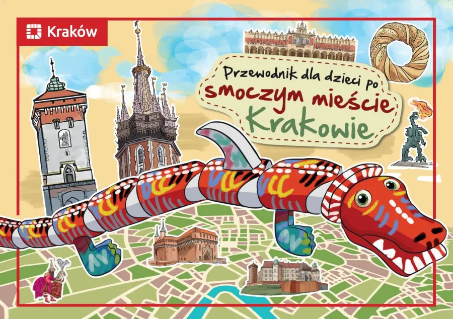 Przewodnik dla dzieci po Krakowie z ilustracją smoka i charakterystycznymi budowlami.