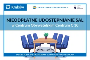 Grafika informująca o możliwości nieodpłatnego udostępniania sal w Centrum Obywatelskim Centrum C 10. Na ilustracji stół konferencyjny otoczony krzesłami.
