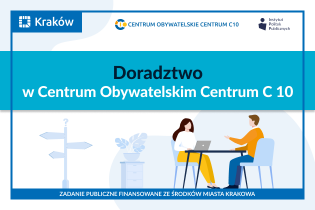 Grafika informująca o doradztwie w Centrum Obywatelskim Centrum C 10. Na ilustracji dwie osoby rozmawiają przy stole, a jedna korzysta z laptopa.