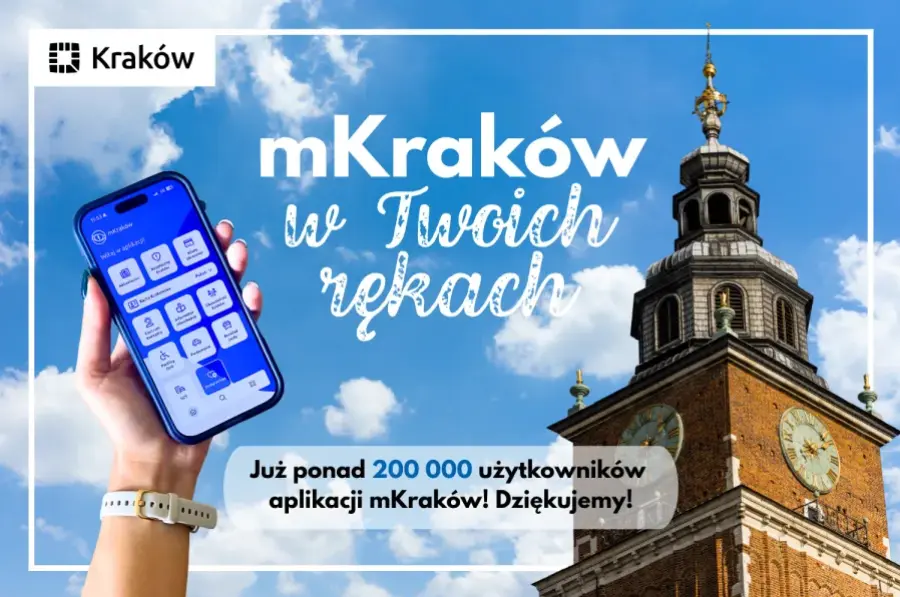 Aplikacja mKraków z interfejsem na tle wieży ratuszowej w Krakowie.