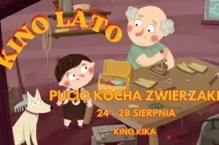 Chłopiec i starszy mężczyzna w warsztacie, obok pies, zaproszenie na film dla dzieci.