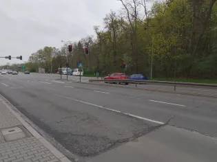 Ruch uliczny z sygnalizacją świetlną, w tle zieleń drzew.