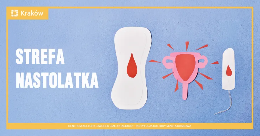 Strefa nastolatka, grafika z ilustracjami podpaski, tamponu i symbolu macicy.
