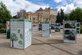 Edukacyjne tablice informacyjne na tle budynku w Krakowie.