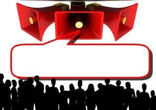 na grafice trzy megafony i grupa ludzi