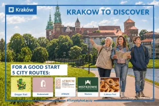 Kraków z informacjami o pięciu trasach turystycznych: Dragon Trail, Krakowianki, ATRIUM, Masters, Culinary Trail.