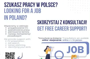 Grafika informująca o bezpłatnych konsultacjach zawodowych dla osób szukających pracy w Polsce. Oferuje wsparcie w przygotowaniu CV, poszukiwaniu pracy i planowaniu kariery, online i stacjonarnie.