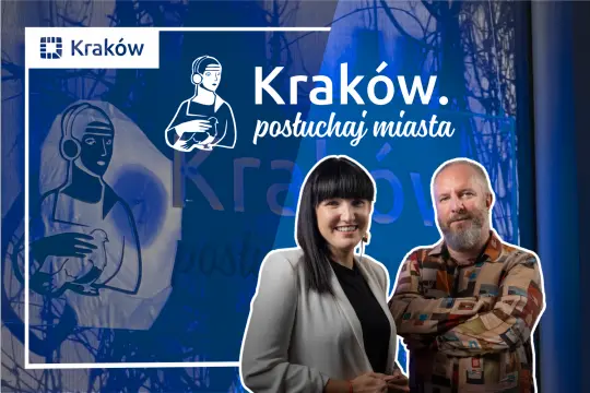 Kraków, postuchaj miasta, dwie osoby na tle graficznym z logo miasta.