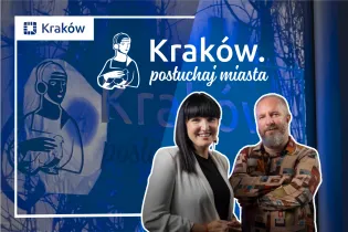 Kraków, postuchaj miasta, dwie osoby na tle graficznym z logo miasta.