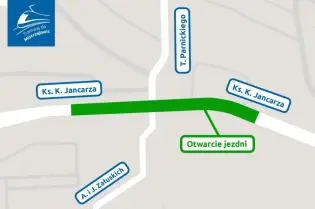Mapa z oznaczeniem otwarcia jezdni i nazwami ulic w okolicy.