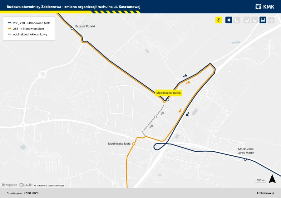 Mapa z oznaczeniem zmian w organizacji ruchu na odcinku ulicy Kasztanowej.