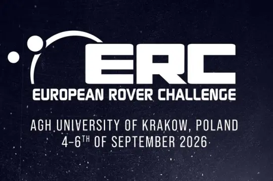 Grafika - na czarnym tle przypominającym nocne niebo na którym gdzieniegdzie rozbłyskają punkciki gwiazd napis European Rover Challenge 2026 