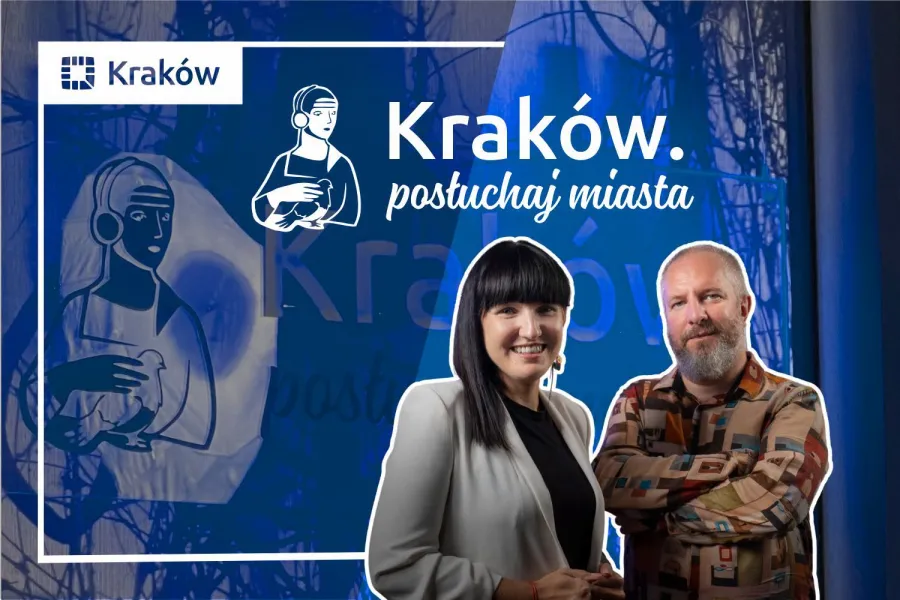Kraków, postuchaj miasta, dwie osoby na tle grafiki.