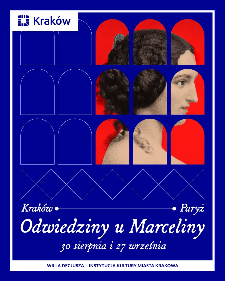 Grafika promuje wydarzenie Instytutu Kultury Willa Decjusza pn. Odwiedzin u Marceliny. Grafika w kolorach granatu zawora zarys krużganków w których przestrzeni widać zarys kobiecej twarzy.