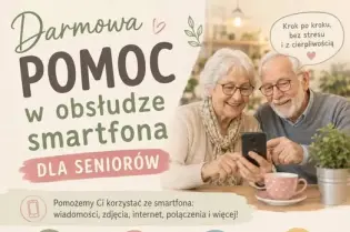 Grafika promująca bezpłatną pomoc w obsłudze smartfona dla seniorów. Indywidualne wsparcie odbywa się w każdy poniedziałek, w godz. 13:00–15:00, w Kawiarni Tam Gdzie Dobrze.