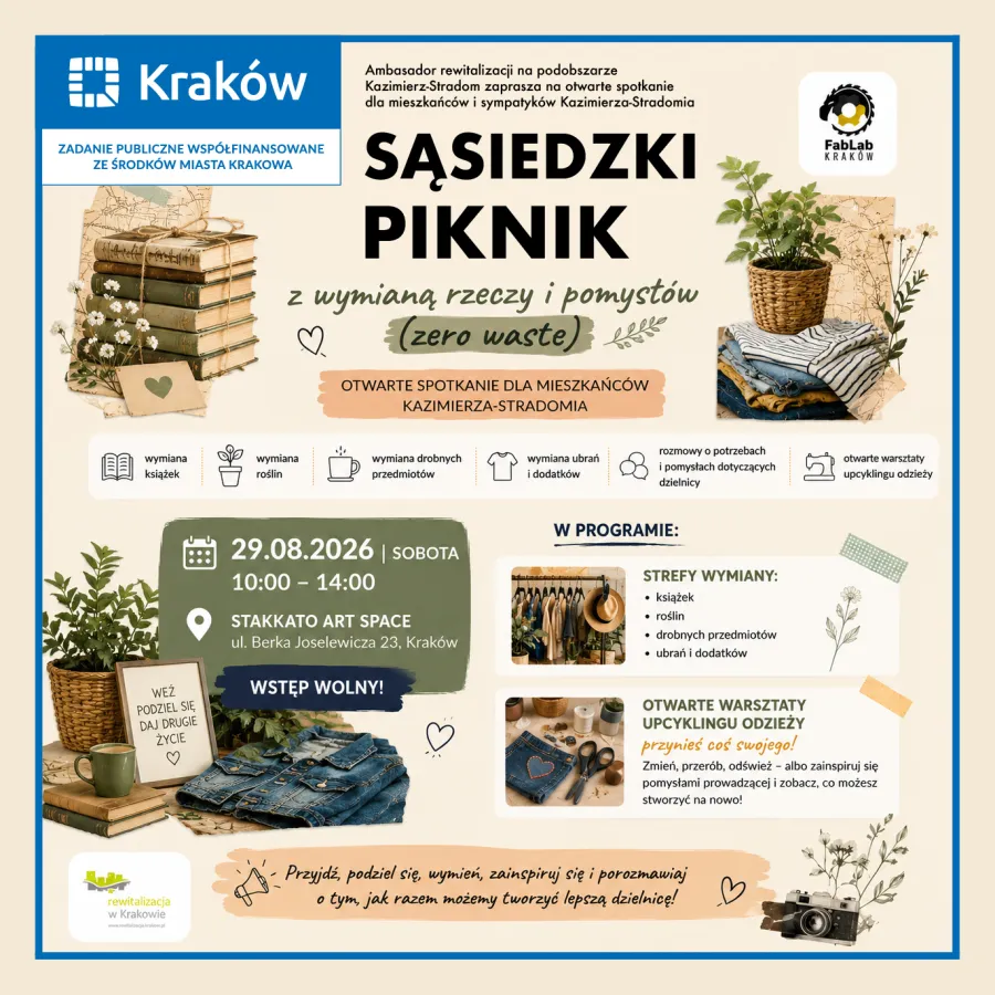 Sąsiedzki piknik z wymianą rzeczy i pomysłów, program wydarzenia i szczegóły lokalizacji.